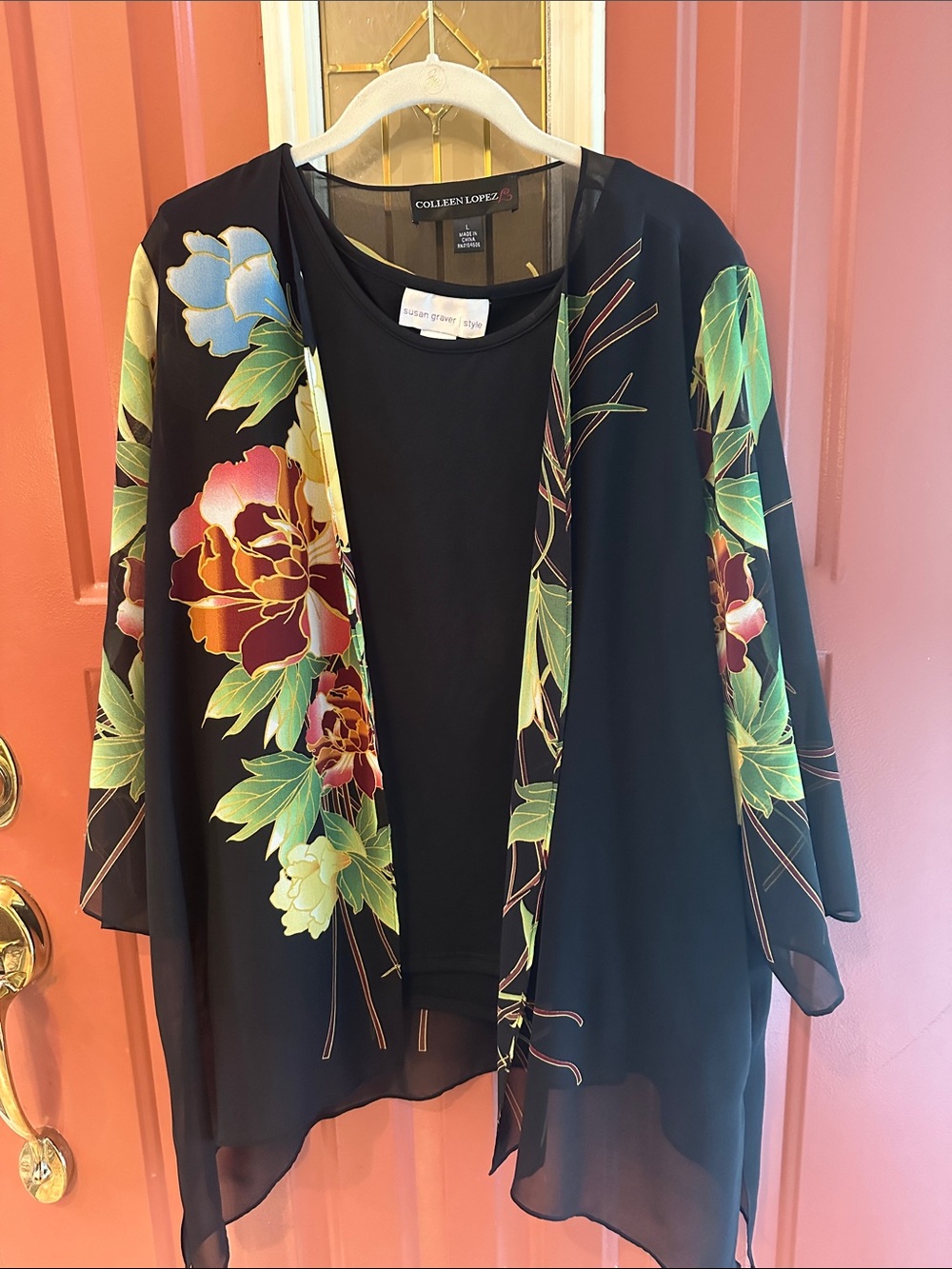 Colleen Lopez Black Sheer Floral Open Kimono Cardigan with Susan Graver Tank